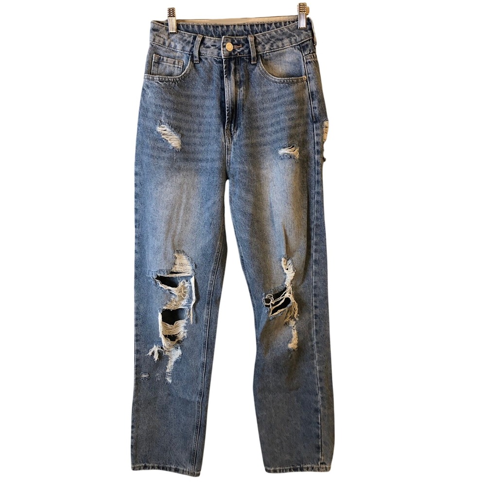 High Waisted Straight Leg Jeans Women Light Wash Distressed Size S